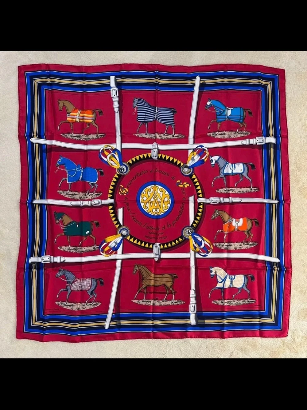 Hermes Multicolor Horse Blanket Pattern Silk Scarf